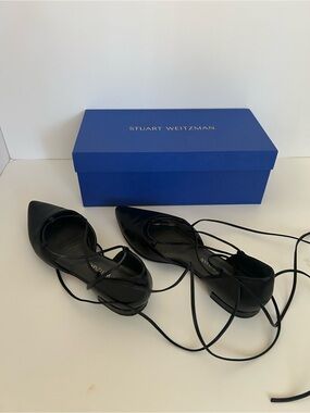 Stuart Weitzman Black Pointed Lace-Up Flats with Ankle Wrap